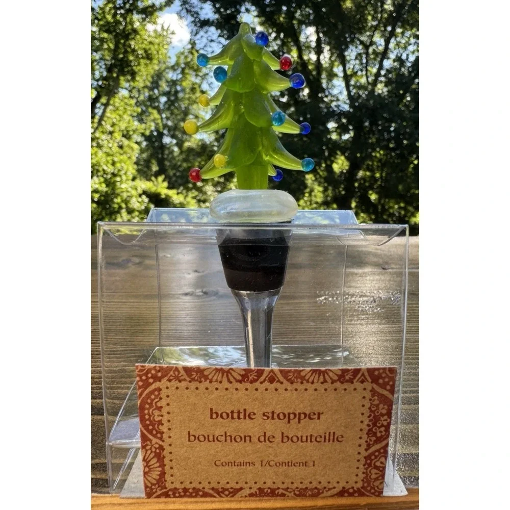 Christmas Tree Wine Bottle Stopper Pier 1 Hand Blown Art Glass Holiday Decor